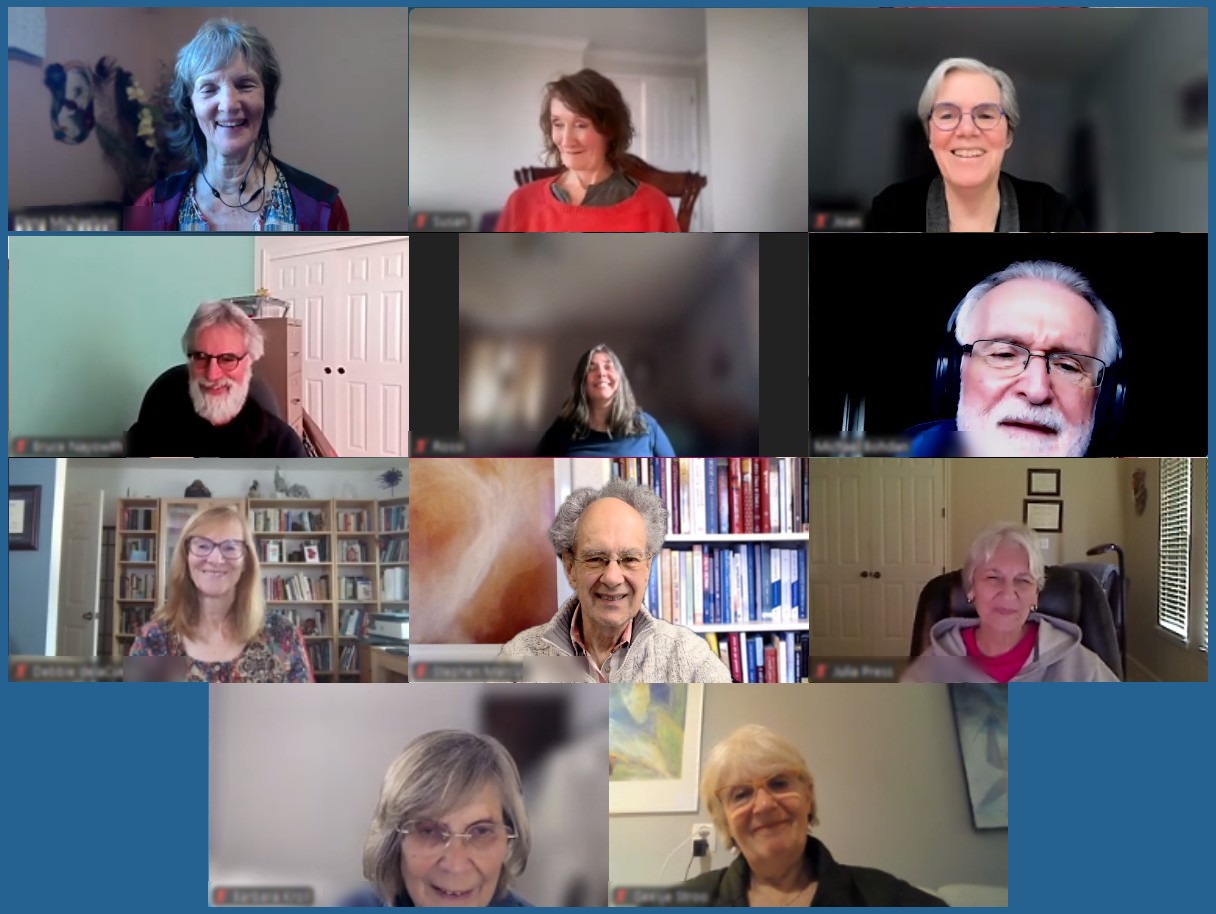 Eleven people meeting together on Zoom, each in their own home, most of them smiling.