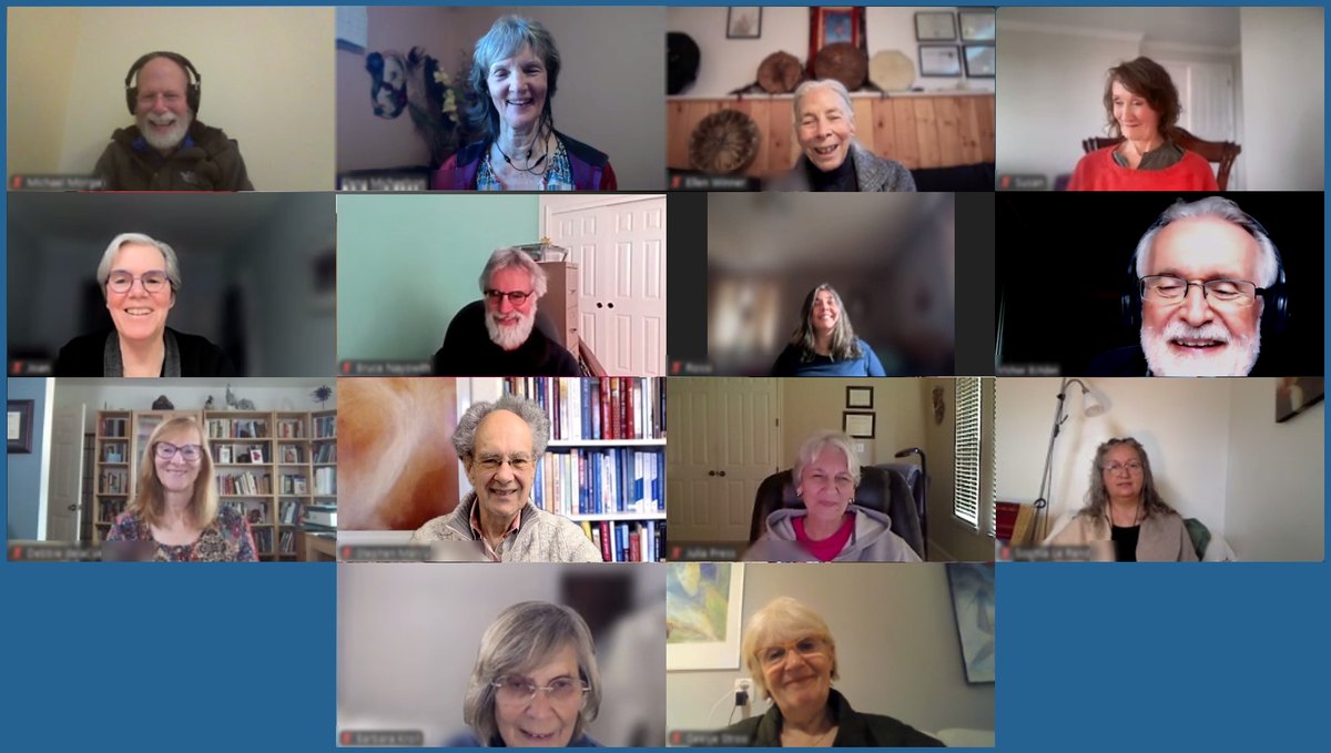 Fourteen people meeting together on Zoom, each in their own home, most of them smiling.